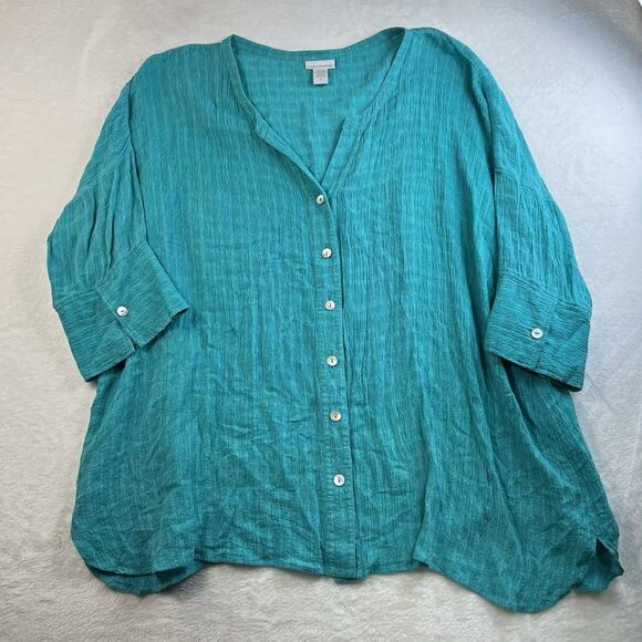 Soft Surroundings Plus 3X Top Linen Blend Shirt Gauzy Flowy Teal Button Front - Picture 2 of 10